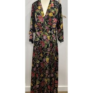 Vintage VANITY FAIR Small KIMONO Wrap ROBE Long Black TROPICAL FLORAL‎ Nylon USA